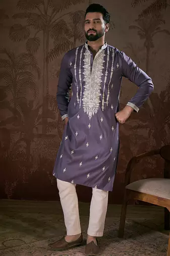 Men lavender silk blend solid embroidered straight kurta
