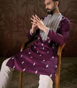 Men purple silk blend solid embroidered straight kurta