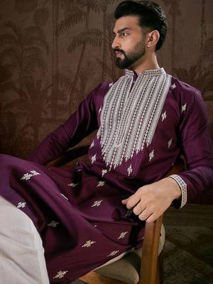 Men purple silk blend solid embroidered straight kurta 2