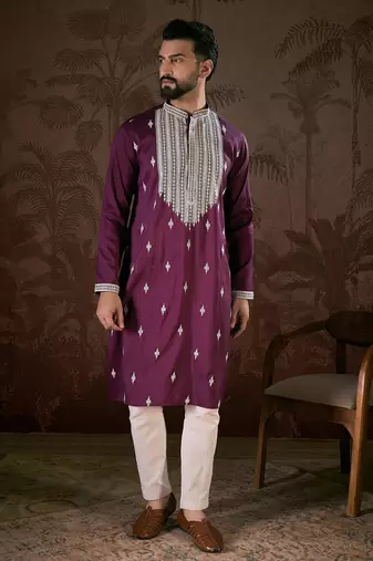 Men purple silk blend solid embroidered straight kurta