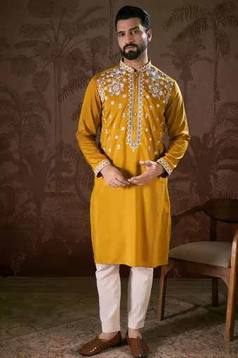 Men mustard silk blend solid embroidered straight kurta