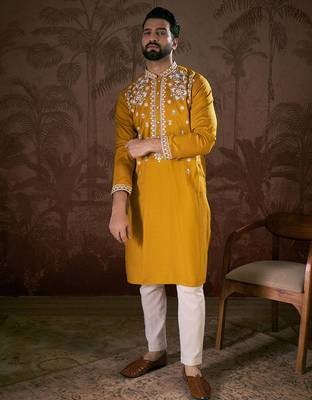 Men mustard silk blend solid embroidered straight kurta 3