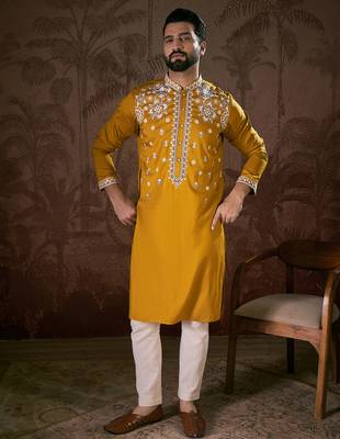 Men mustard silk blend solid embroidered straight kurta 5