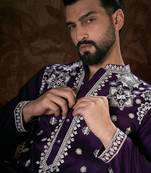 Men purple silk blend solid embroidered straight kurta