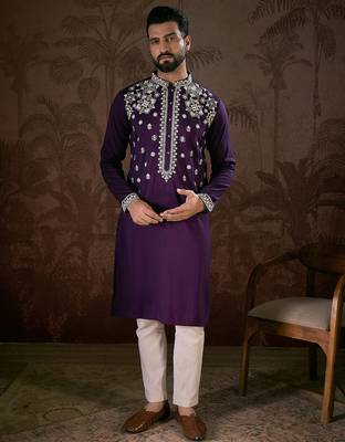 Men purple silk blend solid embroidered straight kurta 1