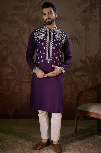 Men purple silk blend solid embroidered straight kurta