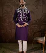 Men purple silk blend solid embroidered straight kurta