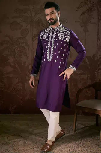 Men purple silk blend solid embroidered straight kurta