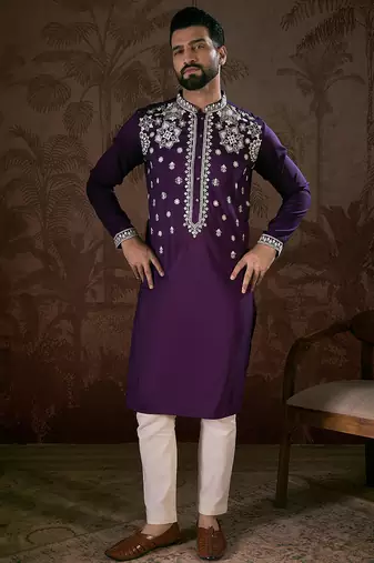 Men purple silk blend solid embroidered straight kurta
