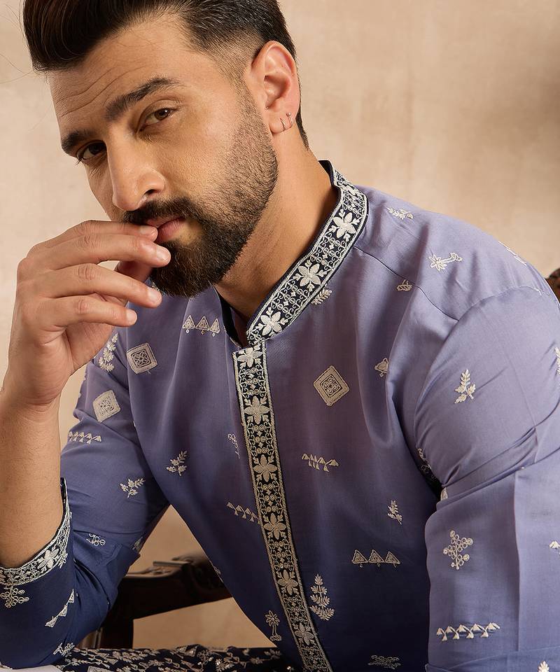 Men violet silk blend ombre embroidered straight kurta