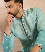 Men teal silk blend ombre embroidered straight kurta