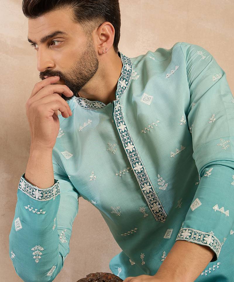 Men teal silk blend ombre embroidered straight kurta