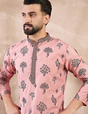 Men peach silk blend solid embroidered straight kurta 1