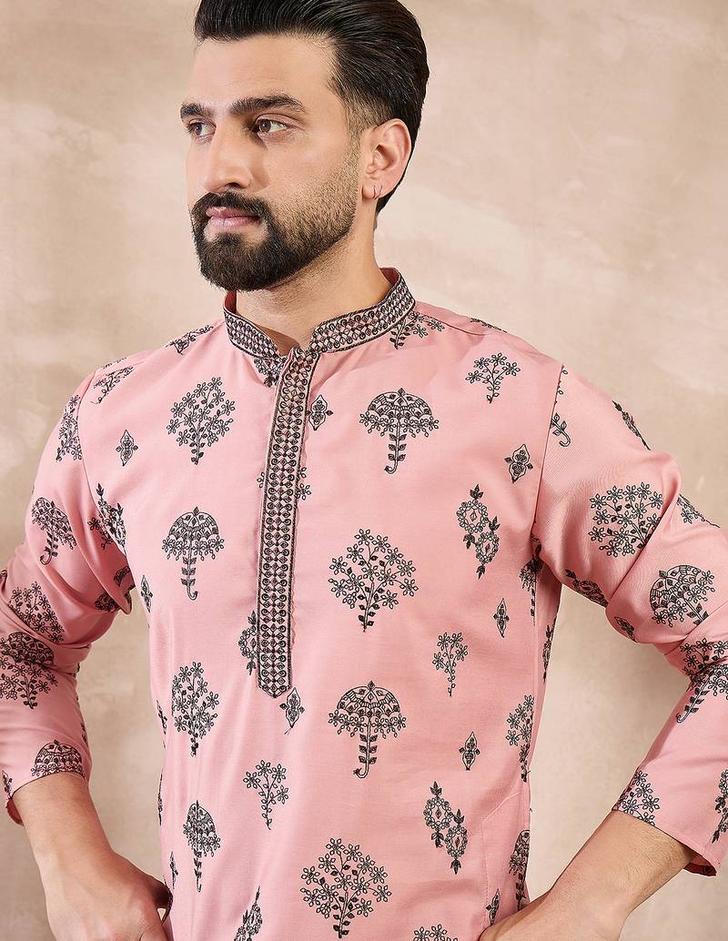Men peach silk blend solid embroidered straight kurta