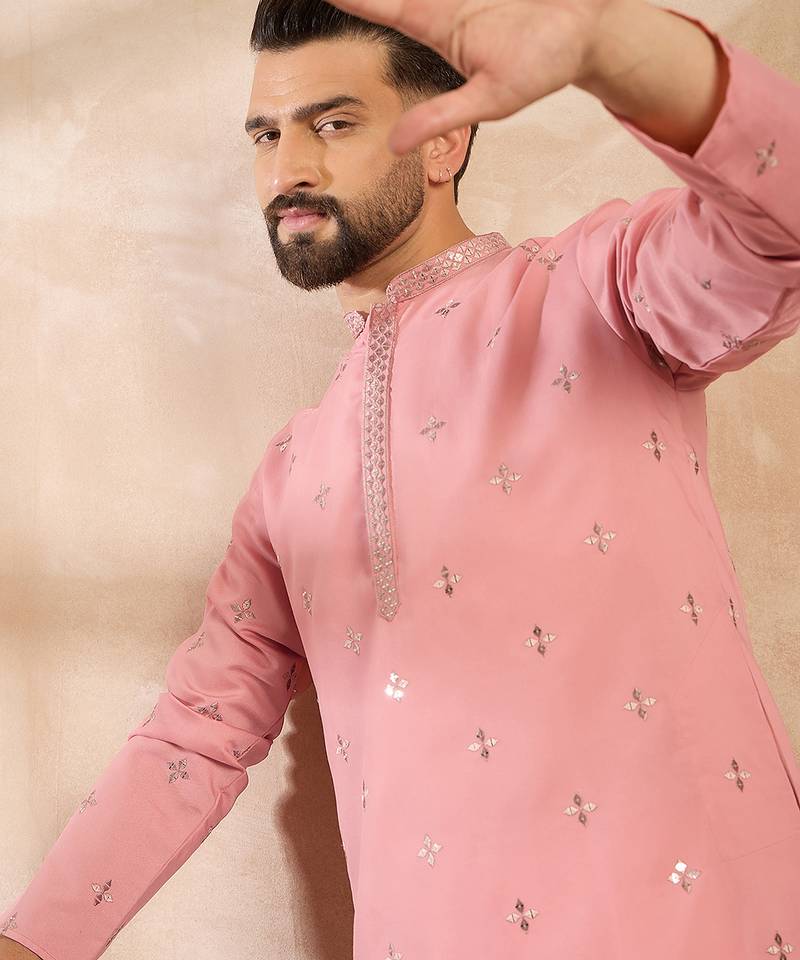 Men peach silk blend solid embroidered straight kurta