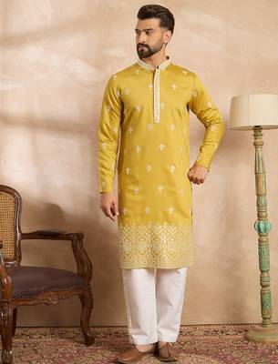 Men yellow polyester solid embroidered straight kurta 2
