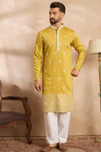 Men yellow polyester solid embroidered straight kurta