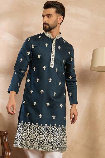 Men navy blue polyester solid embroidered straight kurta