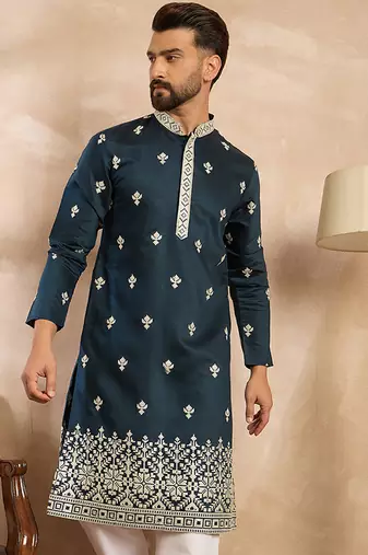 Men navy blue polyester solid embroidered straight kurta