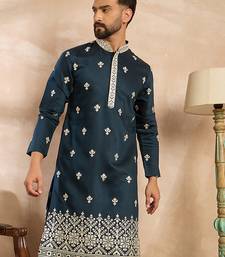 Men navy blue polyester solid embroidered straight kurta