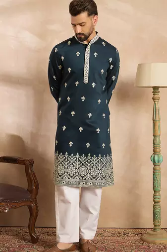 Men navy blue polyester solid embroidered straight kurta