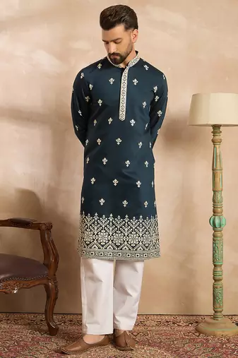 Men navy blue polyester solid embroidered straight kurta