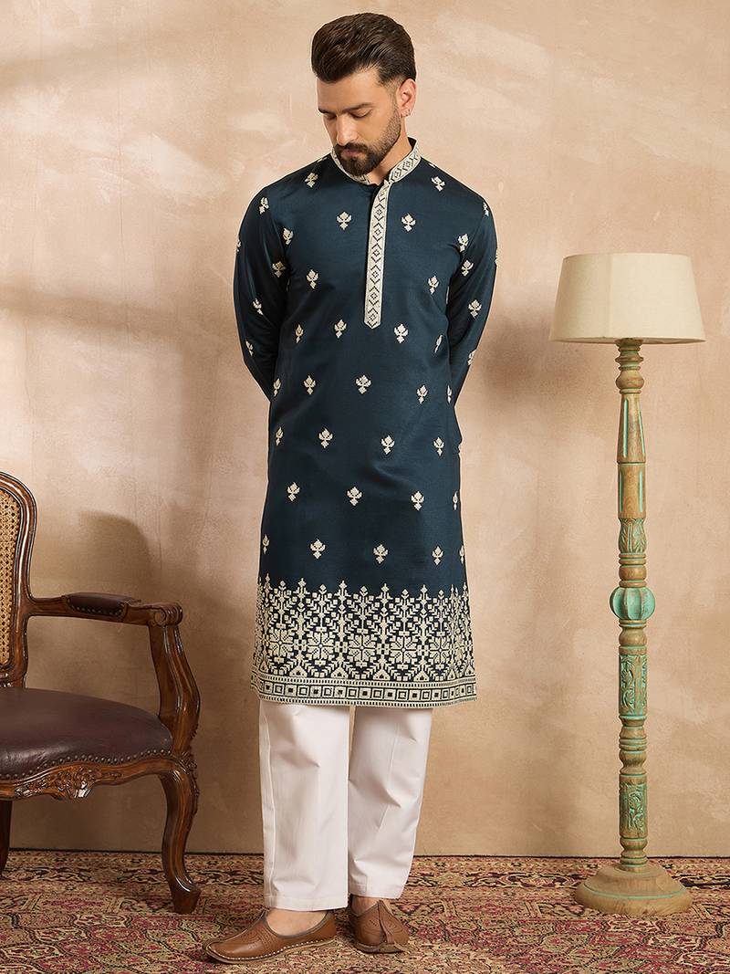 Men navy blue polyester solid embroidered straight kurta