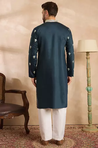 Men navy blue polyester solid embroidered straight kurta