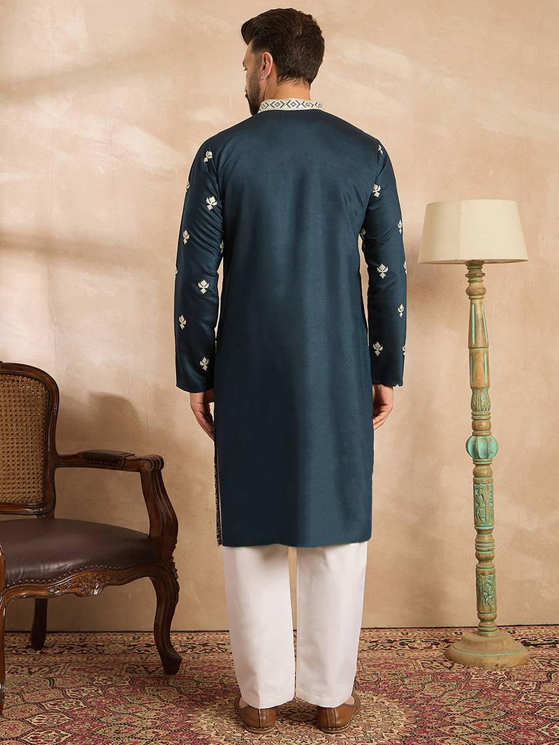 Men navy blue polyester solid embroidered straight kurta
