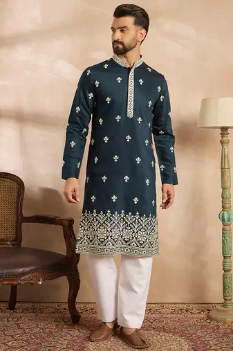 Men navy blue polyester solid embroidered straight kurta