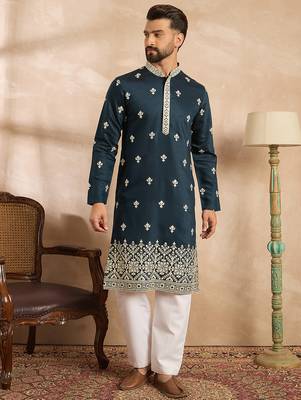 Men navy blue polyester solid embroidered straight kurta 5