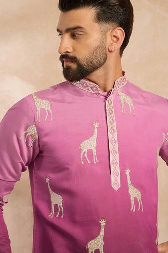 Men purple silk blend ombre embroidered straight kurta