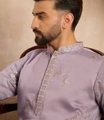 Men lavender silk blend solid embroidered straight kurta