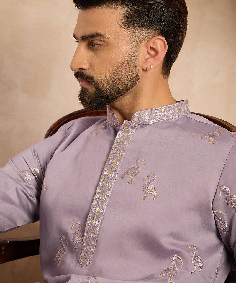 Men lavender silk blend solid embroidered straight kurta