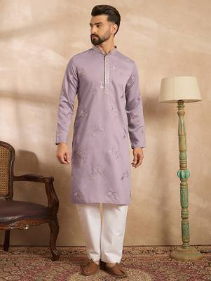 Men lavender silk blend solid embroidered straight kurta 2