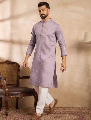 Men lavender silk blend solid embroidered straight kurta 3