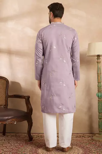 Men lavender silk blend solid embroidered straight kurta