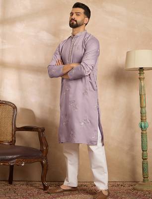 Men lavender silk blend solid embroidered straight kurta 5