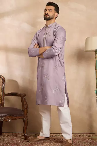 Men lavender silk blend solid embroidered straight kurta