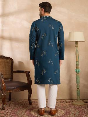 Men navy blue silk blend solid embroidered straight kurta 4