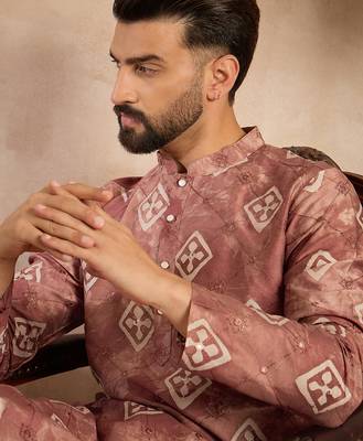 Men brown cotton solid embroidered straight kurta 1