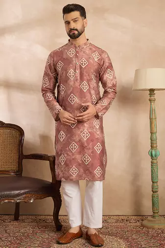 Men brown cotton solid embroidered straight kurta