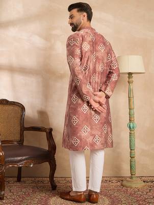 Men brown cotton solid embroidered straight kurta 4