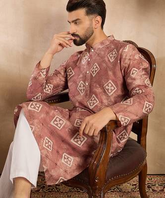 Men brown cotton solid embroidered straight kurta 5