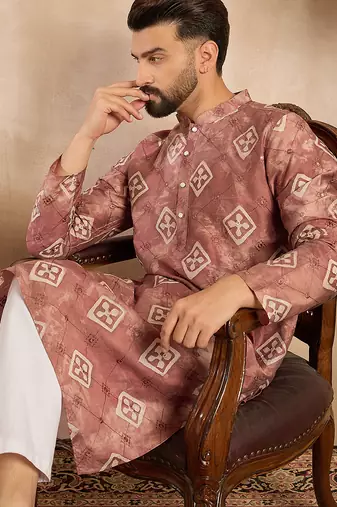 Men brown cotton solid embroidered straight kurta