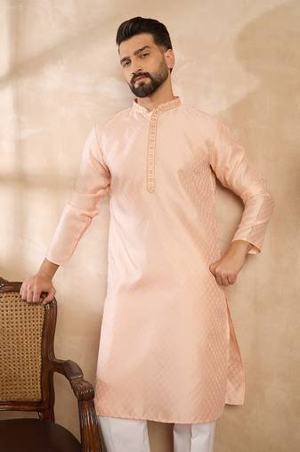 Men beige polyester solid embroidered straight kurta
