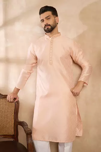 Men beige polyester solid embroidered straight kurta