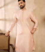 Men beige polyester solid embroidered straight kurta