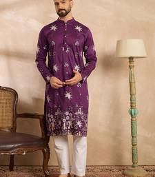 Men purple polyester solid embroidered straight kurta