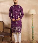 Men purple polyester solid embroidered straight kurta